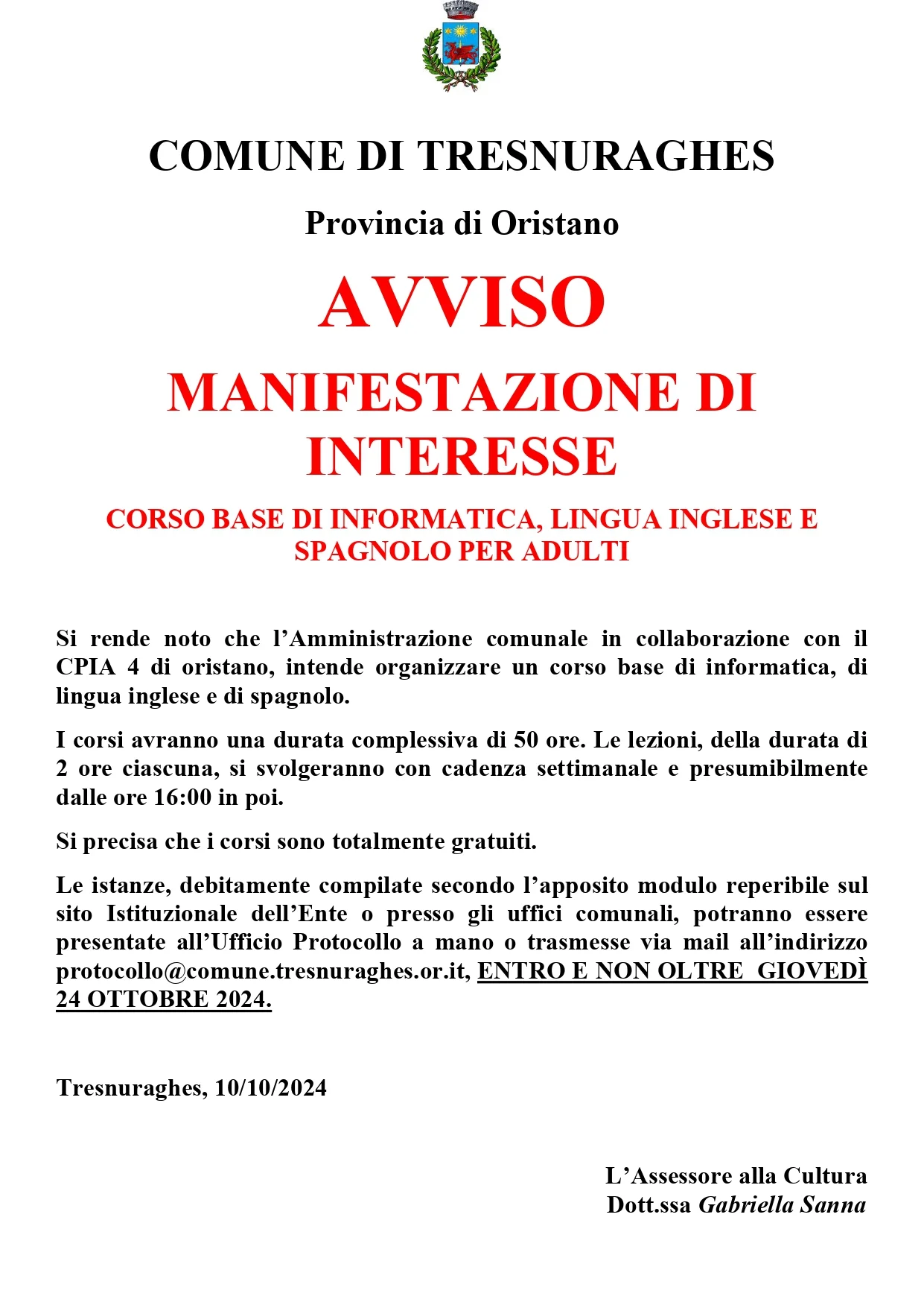 Corso base di informatica, lingua inglese e spagno per adulti. manifestazione di interesse