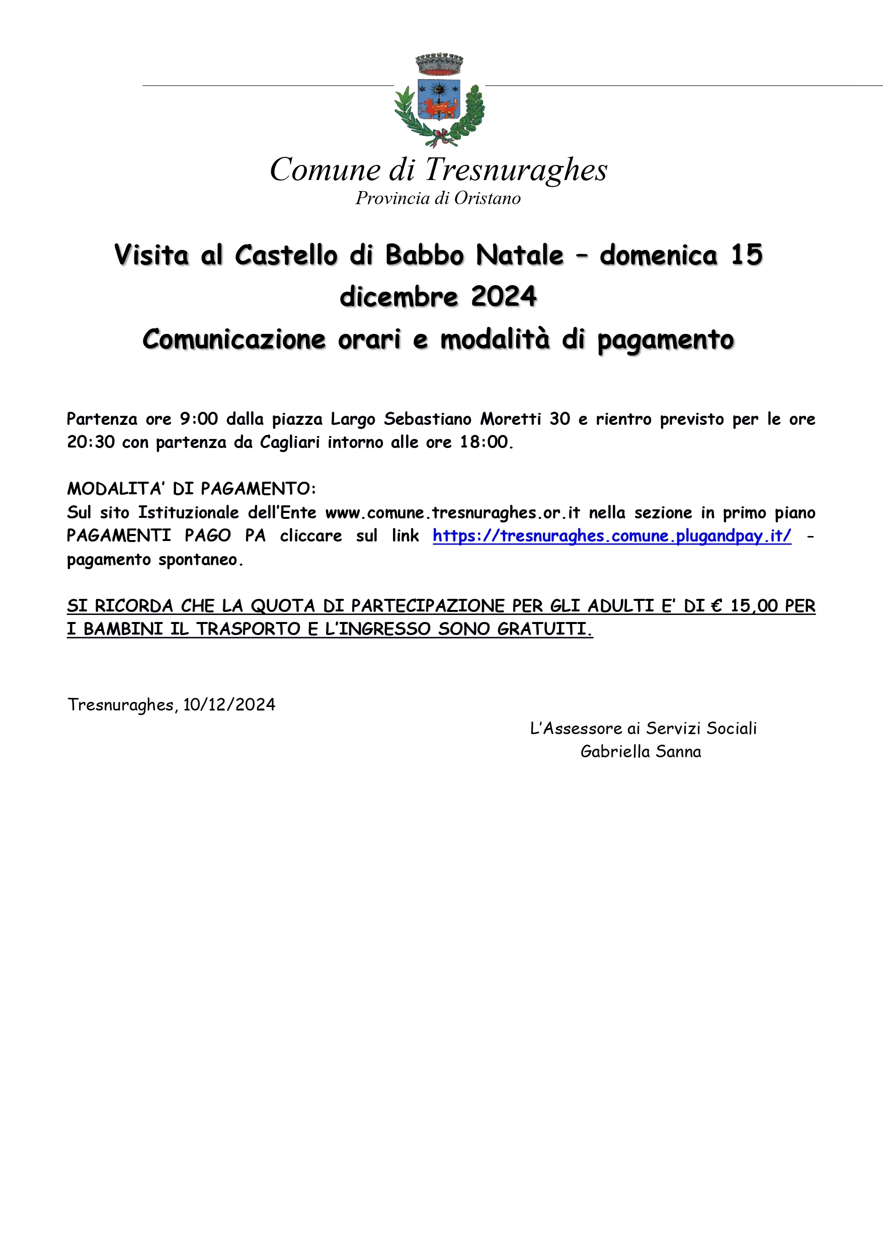 Visita al castello di Babbo Natale-comunicazione orari e modalità di pagamento