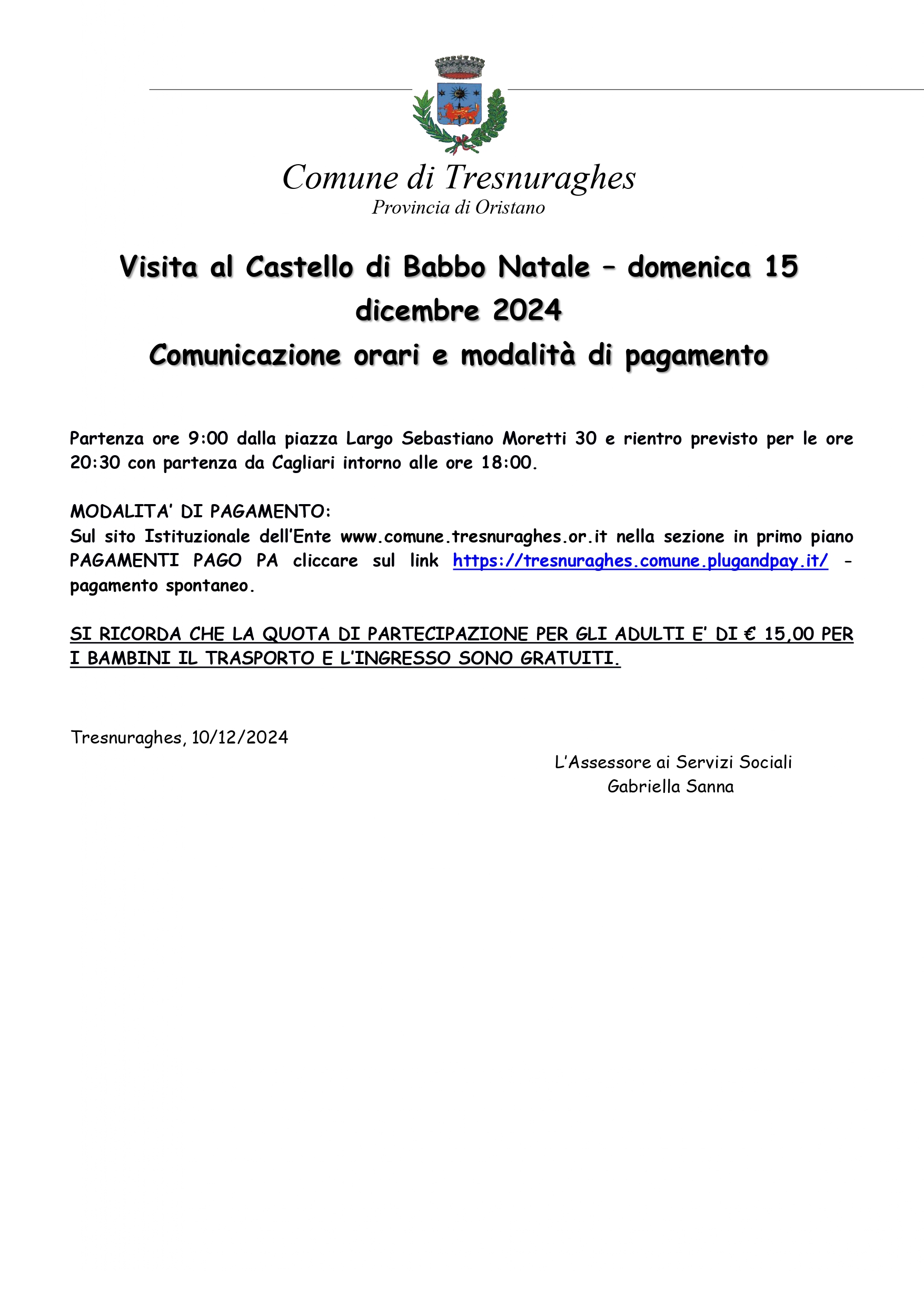 Visita al castello di Babbo Natale-comunicazione orari e modalità di pagamento